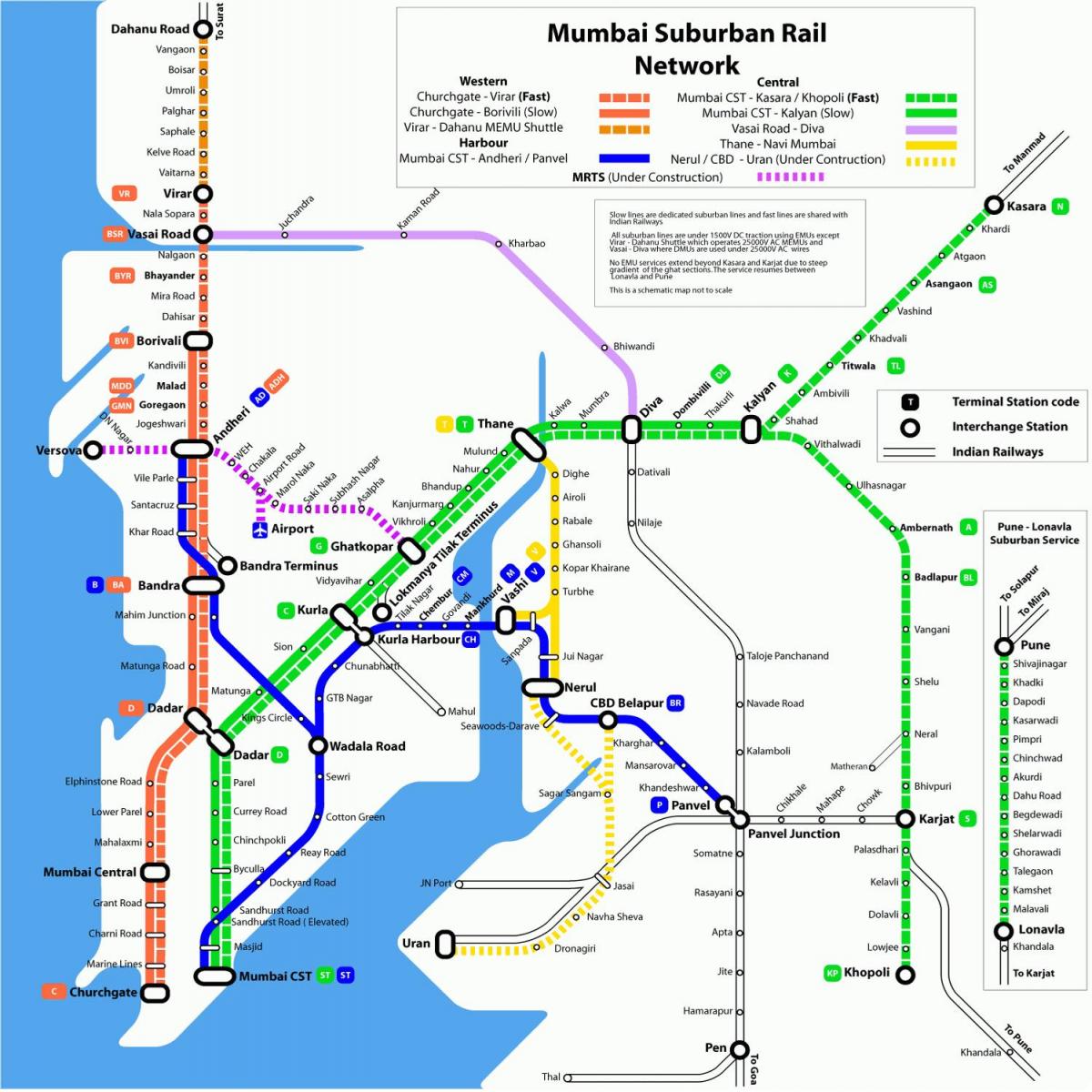 տեղական գնացքը քարտեզի վրա Մումբայի